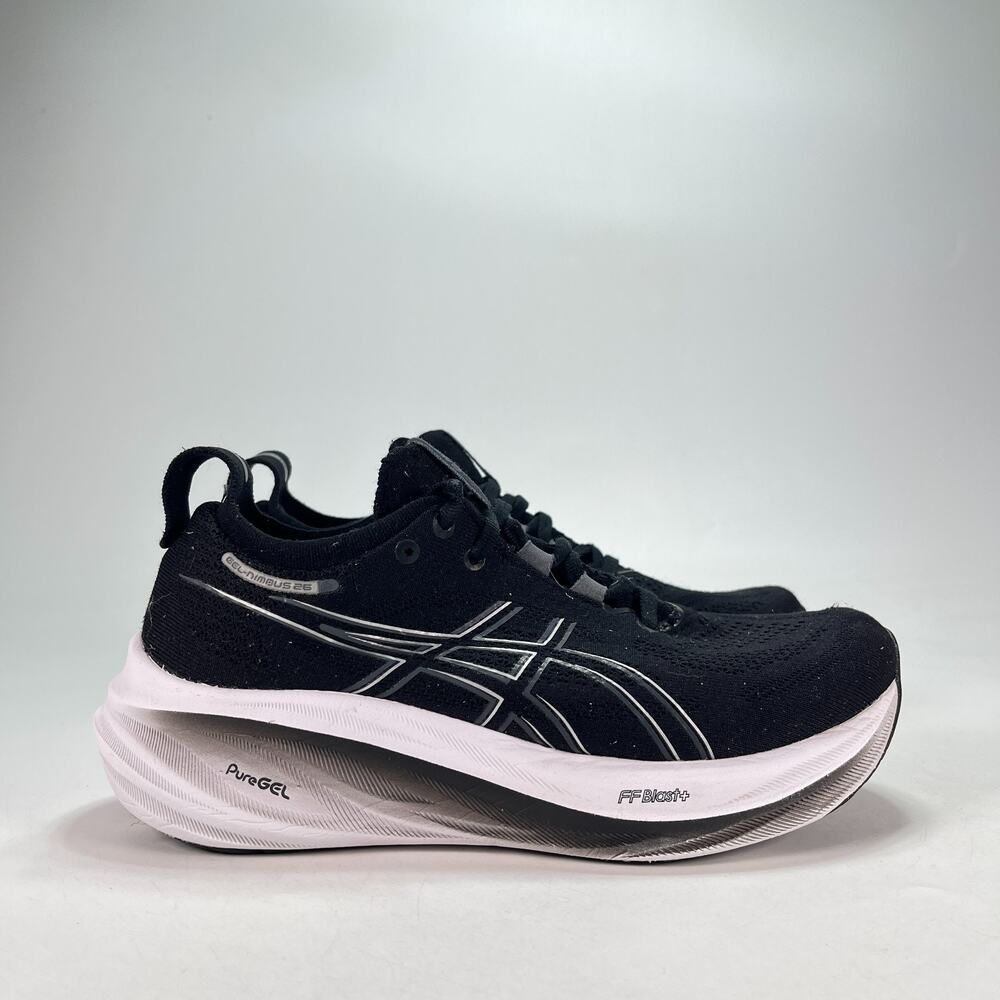 ASICS GEL-Nimbus 26 Black White Lace Up Running Shoes 1012B602 Women's Size 7W